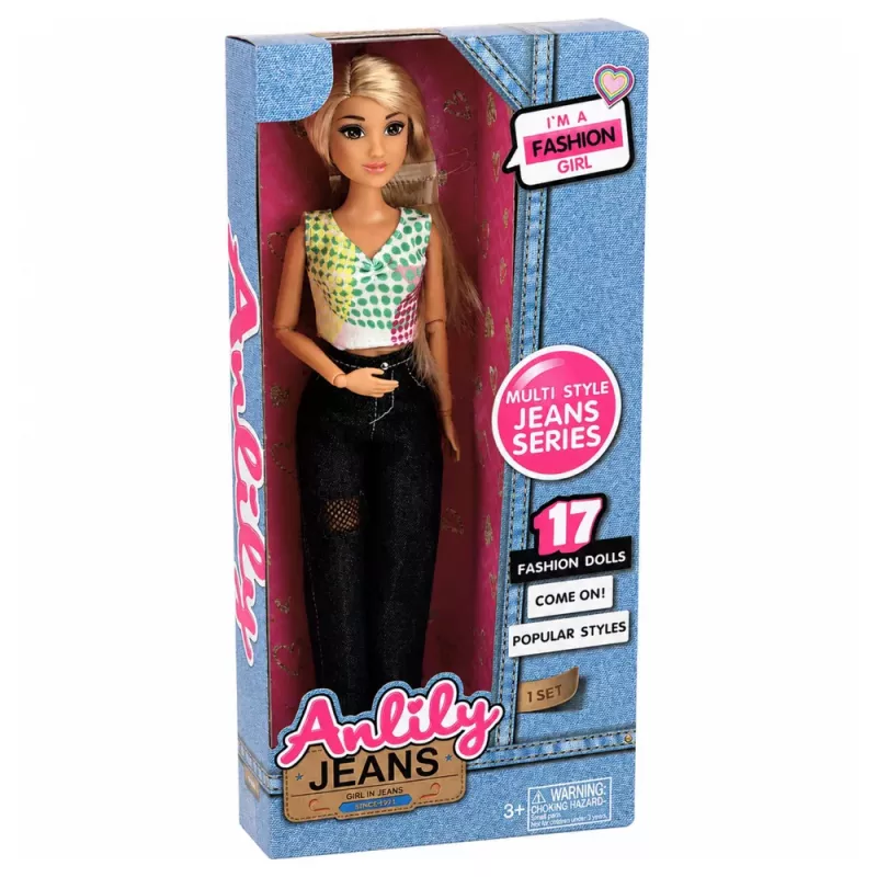 LEAN TOYS Anlily moenukk tumedates teksades, värvilise topi ja blondide juustega
