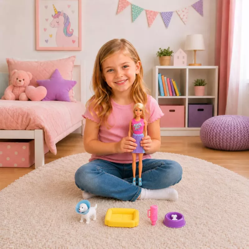 LEAN TOYS Anlily nukk valge koera, krae, voodi ja tarvikute komplektiga