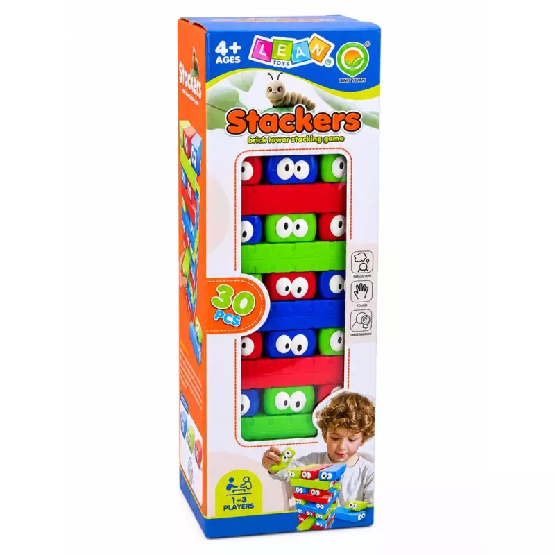 LEAN TOYS Skill Game Tower of Blocks with Eyelets Dice Colorful 30 pcs
