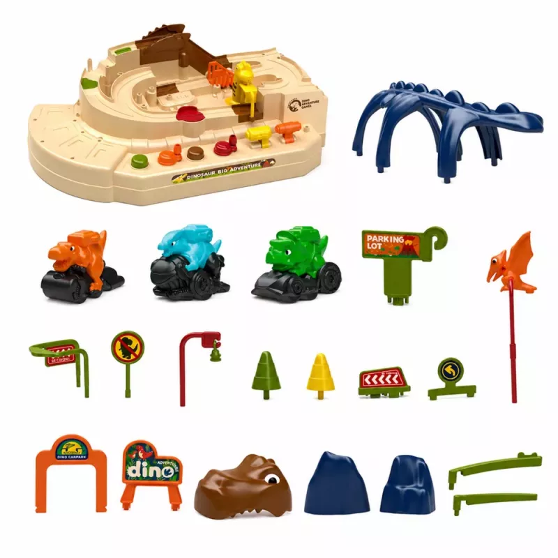 LEAN TOYS Interaktiivne manuaalne mänguraja komplekt dinosaurustega, 8 väljakutset, sõidukid