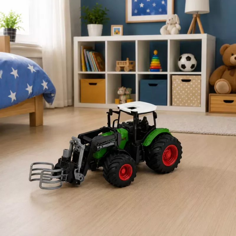 LEAN TOYS Põllumajandustraktor heinapallihaardega kummiratastel roheline 1:24