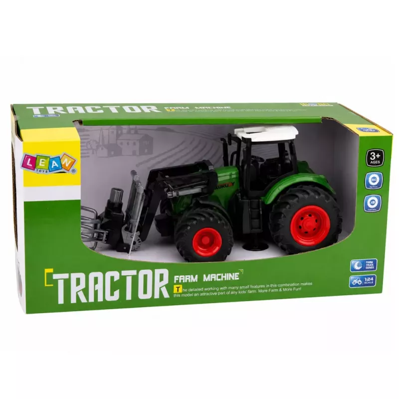 LEAN TOYS Põllumajandustraktor heinapallihaardega kummiratastel roheline 1:24