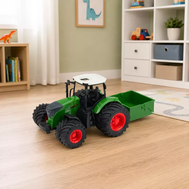 LEAN TOYS Põllumajandustraktor väetiselaoturiga kummirattad roheline 1:24