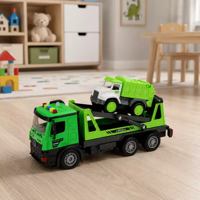 LEAN TOYS Pukseerimisauto ja Prügiauto Komplekt Tuled Helid Roheline