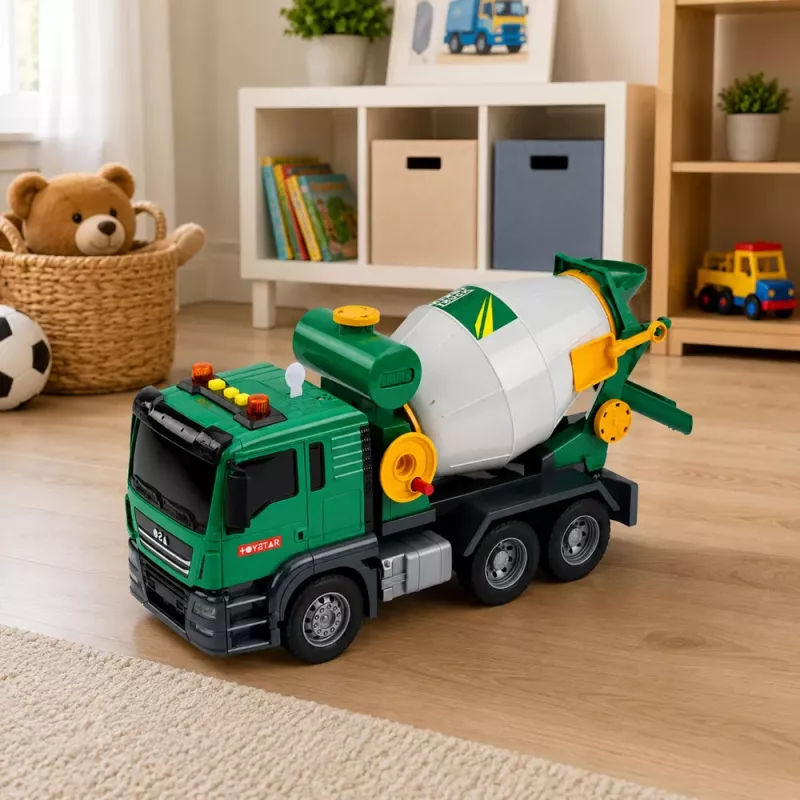 LEAN TOYS Betoonisegisti veok pöörleva trumli, tulede ja helidega, roheline