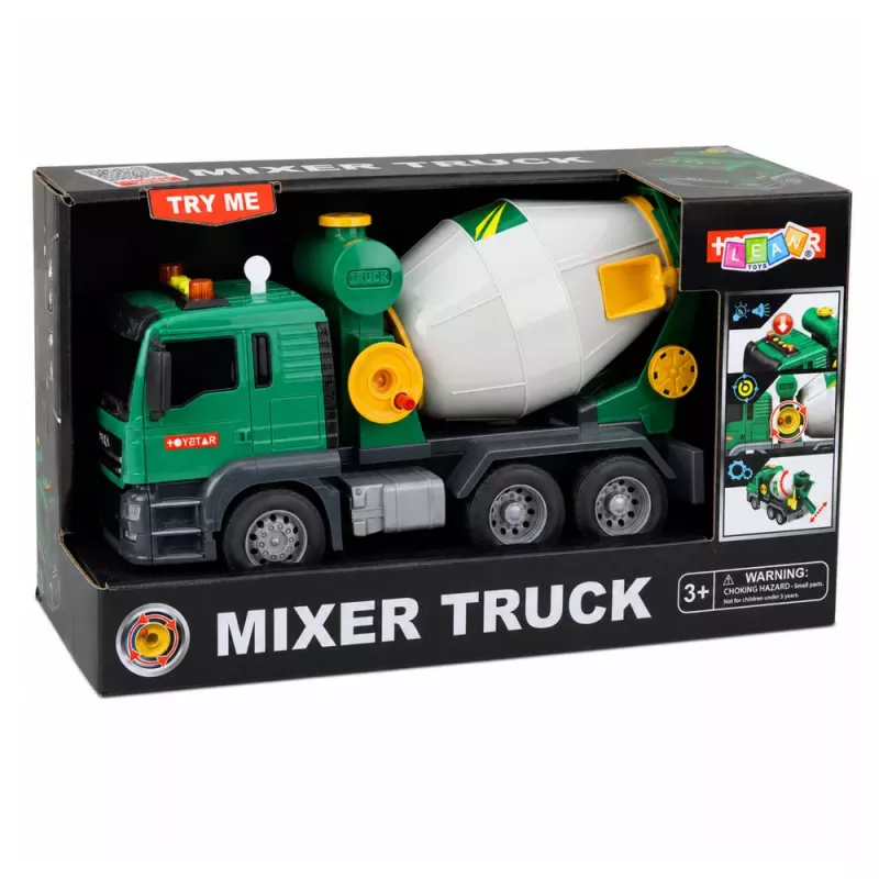 LEAN TOYS Betoonisegisti veok pöörleva trumli, tulede ja helidega, roheline