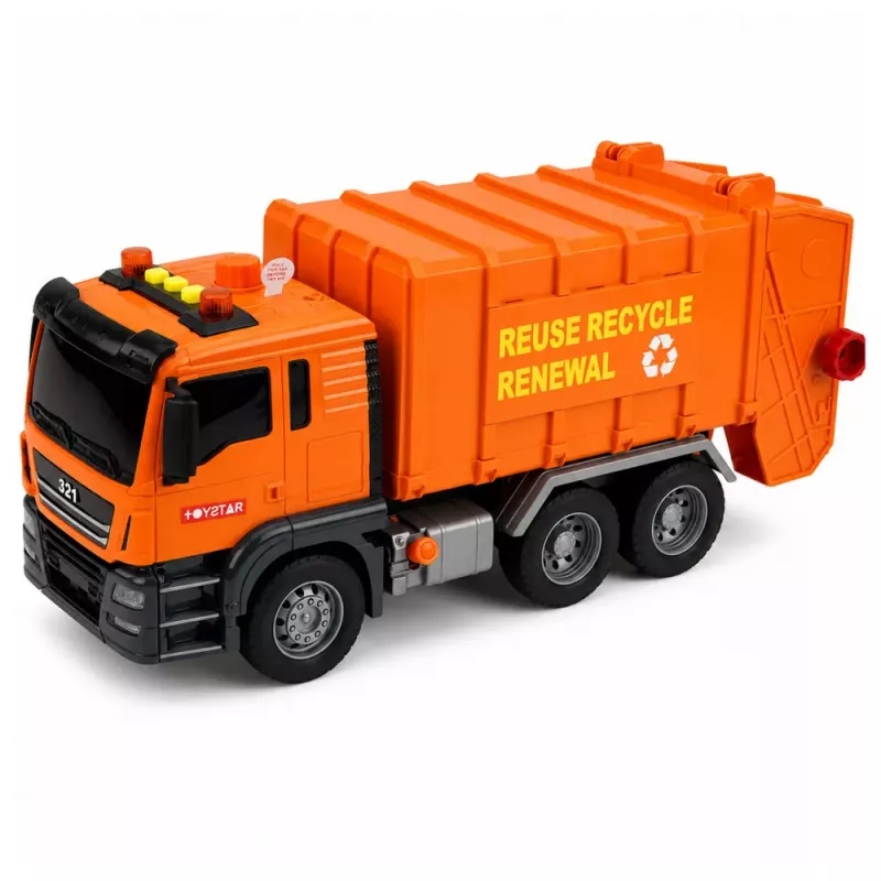 LEAN TOYS Prügiauto prügikastide, tulede ja helidega - Oranž