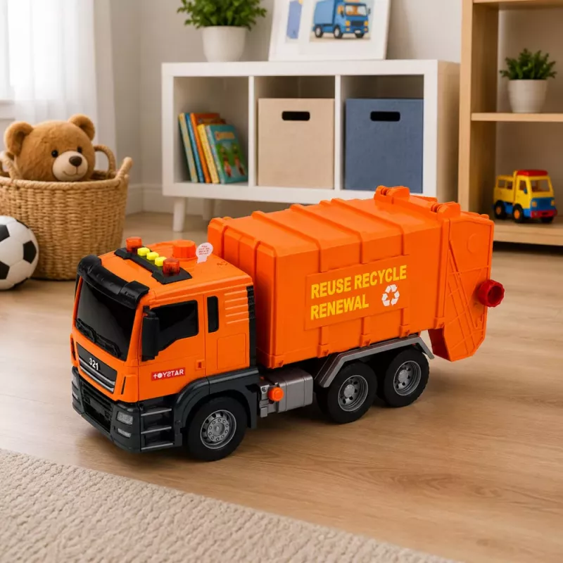 LEAN TOYS Prügiauto prügikastide, tulede ja helidega - Oranž