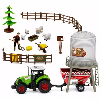 LEAN TOYS Talukomplekt traktori, lauda, silo, kujukeste, loomade ja tööriistadega - 49 osa