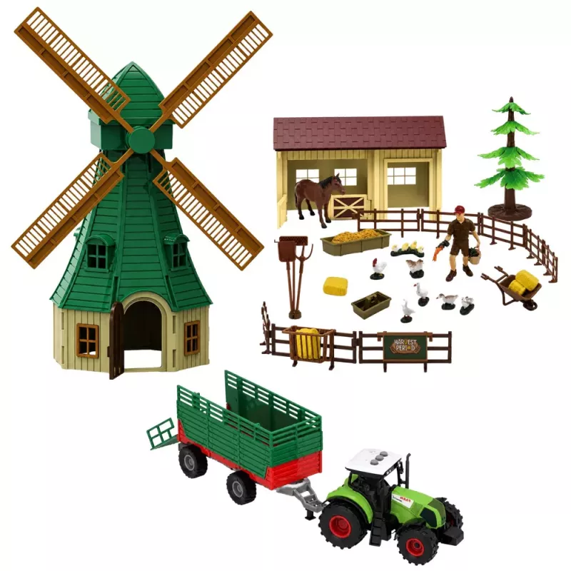 LEAN TOYS Talukomplekt traktori, tuuleveski, lauda, haagise ja loomakujukestega, 45 osa
