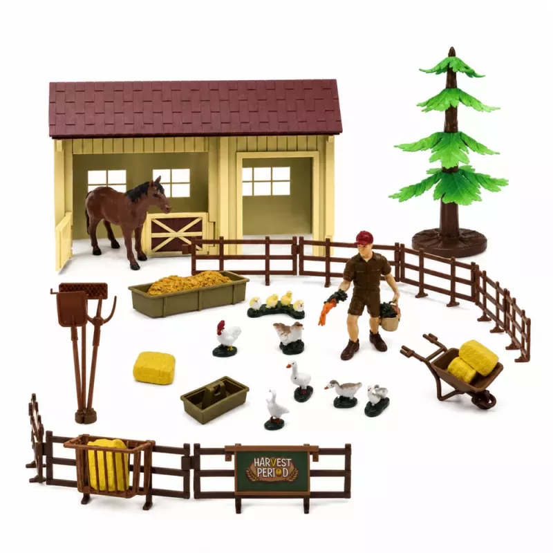LEAN TOYS Talukomplekt traktori, tuuleveski, lauda, haagise ja loomakujukestega, 45 osa