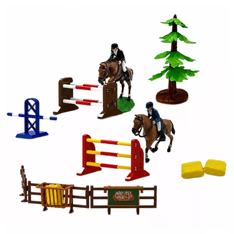 LEAN TOYS Talu hobusetallide komplekt, hüppetakistused, kujukesed, tarvikud, 69 tk