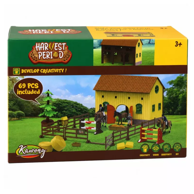 LEAN TOYS Talu hobusetallide komplekt, hüppetakistused, kujukesed, tarvikud, 69 tk