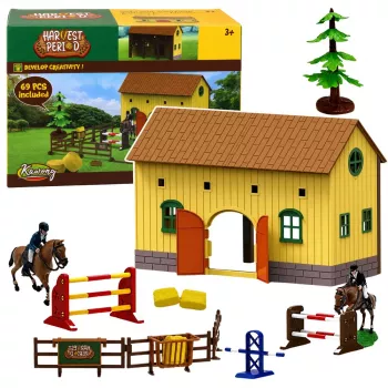 LEAN TOYS Talu hobusetallide komplekt, hüppetakistused, kujukesed, tarvikud, 69 tk