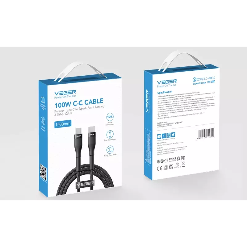 VEGER USB-C to USB-C PD 100W kaabel 1,5 m, must