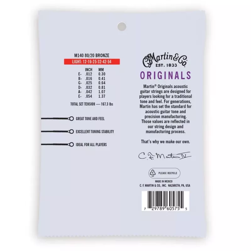 Martin MA140 Light (12-54) akustilise kitarri keeled - 80/20 pronks, 6-keelne komplekt