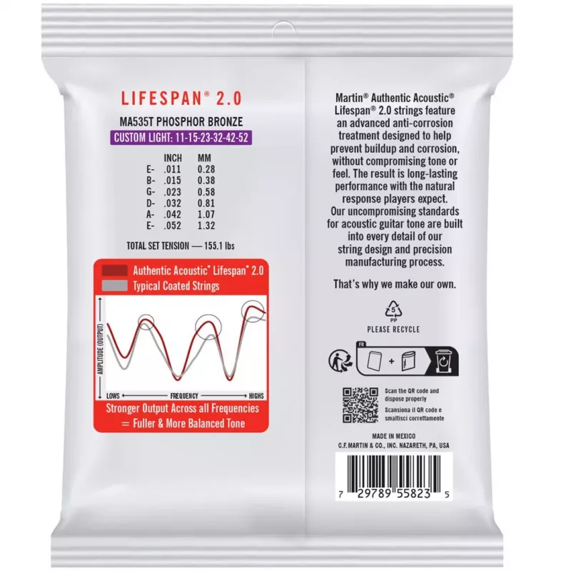 Martin MA535T Custom Light (11-52) akustilise kitarri keeled - Lifespan 2.0 fosforpronks