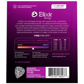 Elixir Strings 16027 Phosphor Bronze Custom Light NANOWEB akustilise kitarri keeled (11-52)
