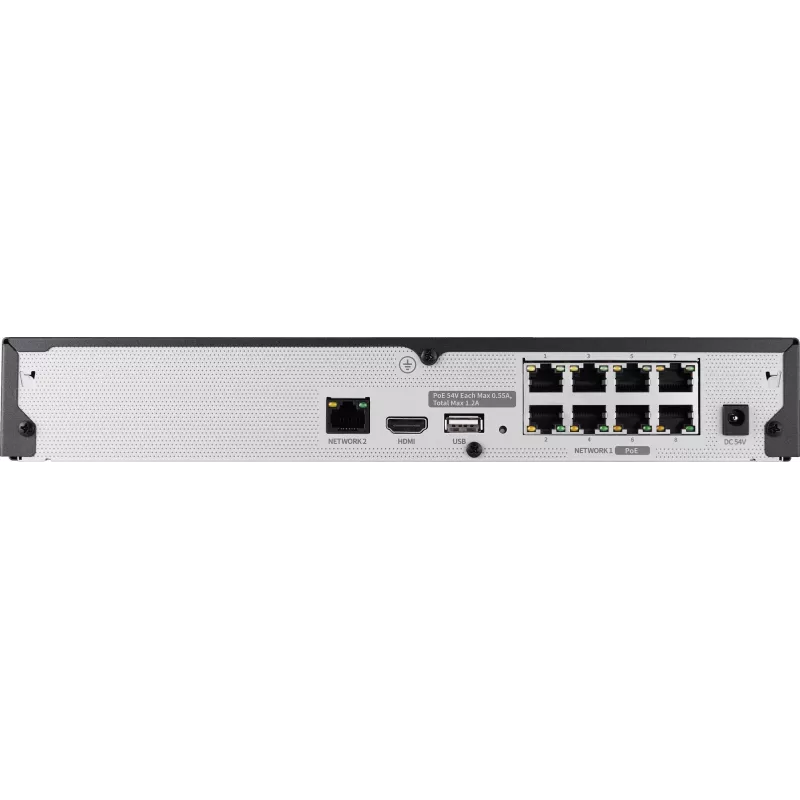 Hanwha Vision võrgusalvesti 8 IP-kanalit H.265 60Mbps ilma kõvakettata HDMI PoE Switch
