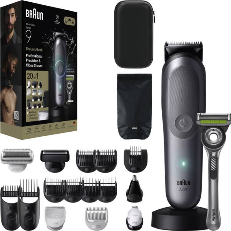 Braun AIO 9540 All-in-One stiilikomplekt, märg- ja kuivhabemeajaja ning trimmer, 60 min tööaeg, 7 kinnitust, must