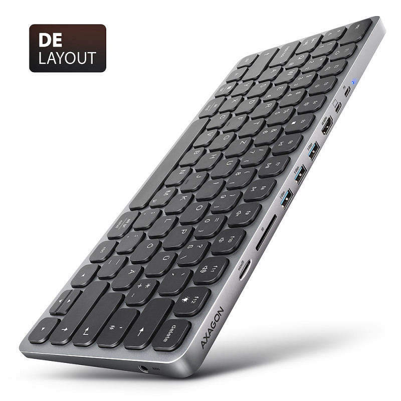 AXAGON HMC-KB-GE USB-C 5Gbps klaviatuur 9-in-1 jaoturiga, Saksa paigutus, HDMI 4K, Gigabit Ethernet, 100W PD, kaardilugeja, must