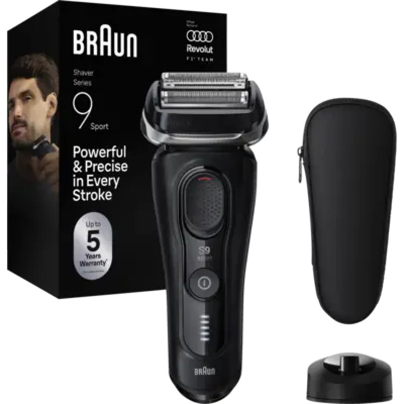 Braun Series 9 Sport 9110s elektriline pardel, märg ja kuiv, SyncroSonic tehnoloogia, 5 raseerimiselementi, 60 min tööaeg, LED-ekraan, täppistrimmer, must/hall