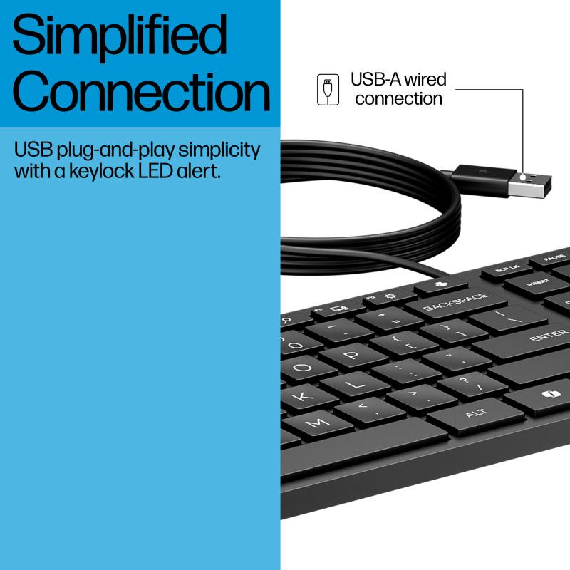 HP Desktop 320K juhtmega USB-klaviatuur - Belgia AZERTY paigutus, must, täissuuruses numbrilise klahvistikuga, pritsmekindel, õhukeste klientide ja lauaarvutite jaoks (9SR37AA#AC0)
