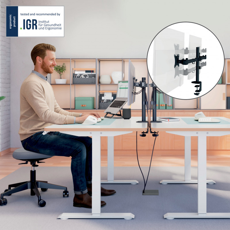 LEITZ Ergo Slim kahe monitori kinnitus, lauaklambriga, must, 2 monitorile 17 inch-32 inch, VESA 75/100, 8 kg käe kohta, gaasivedru kõrguse reguleerimine, kallutamine/pööramine/keeramine, kaablihaldus 61640095