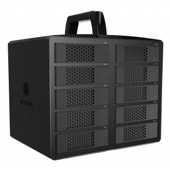 ICY BOX IB-3710-C31 10-kohaline USB 3.2 Gen 2 JBOD korpus 2,5-tollistele/3,5-tollistele SATA HDD/SSD-ketastele, üksikrežiim, USB-C–C-kaabel, 200 W toiteplokk, must