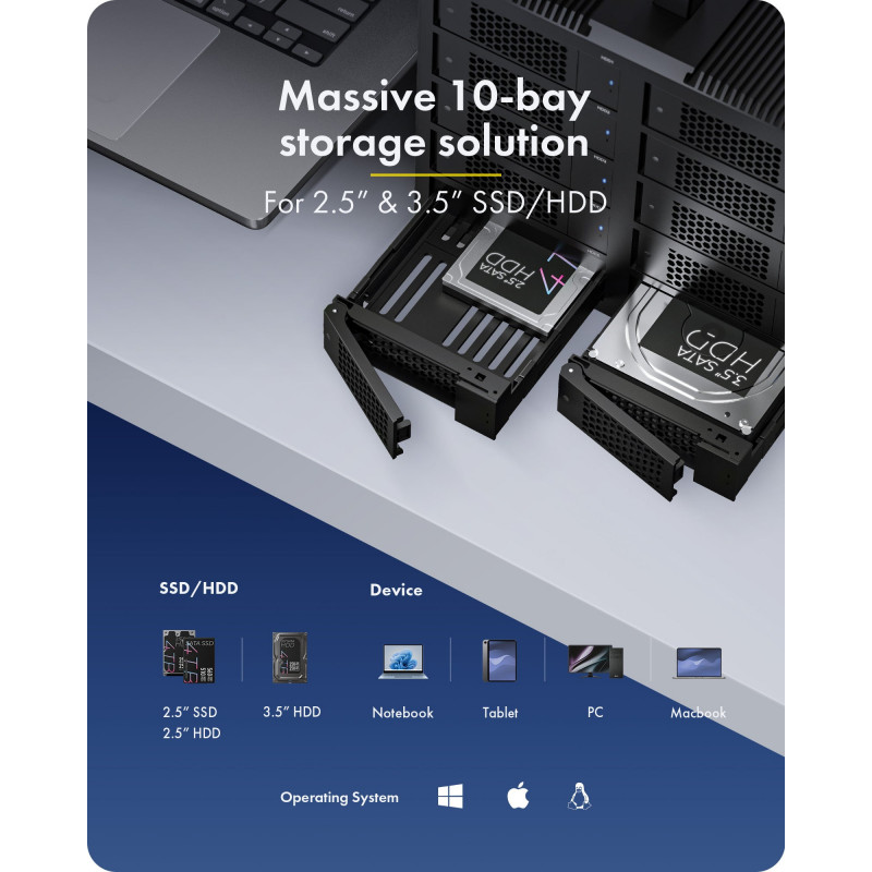 ICY BOX IB-3710-C31 10-kohaline USB 3.2 Gen 2 JBOD korpus 2,5-tollistele/3,5-tollistele SATA HDD/SSD-ketastele, üksikrežiim, USB-C–C-kaabel, 200 W toiteplokk, must