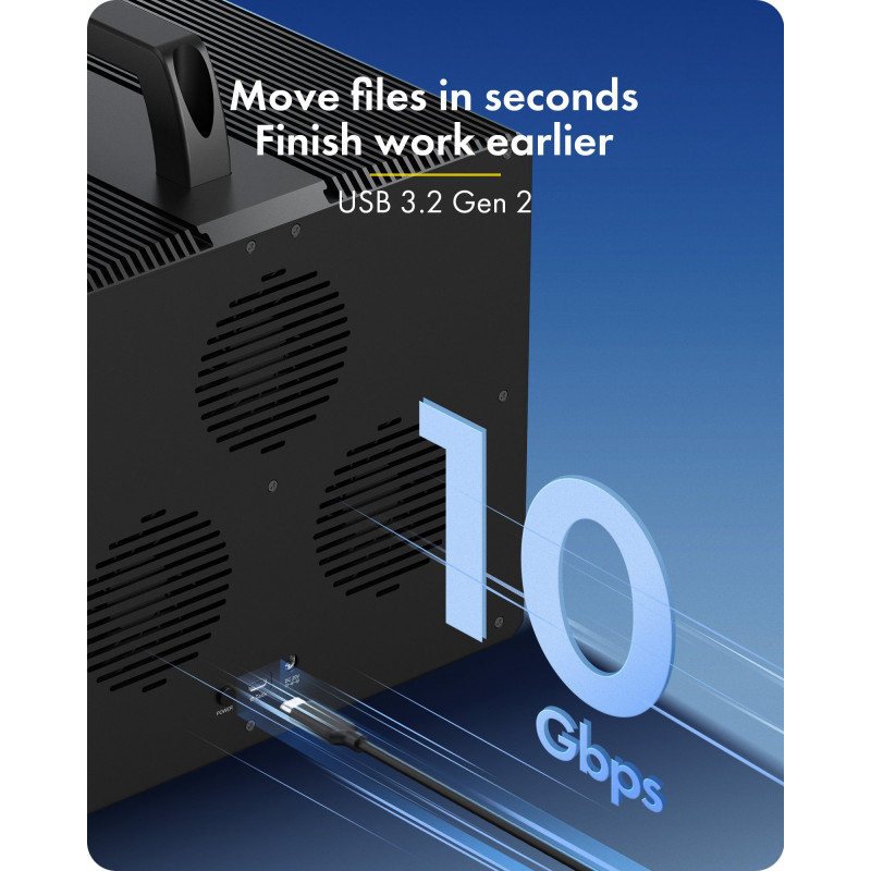 ICY BOX IB-3710-C31 10-kohaline USB 3.2 Gen 2 JBOD korpus 2,5-tollistele/3,5-tollistele SATA HDD/SSD-ketastele, üksikrežiim, USB-C–C-kaabel, 200 W toiteplokk, must