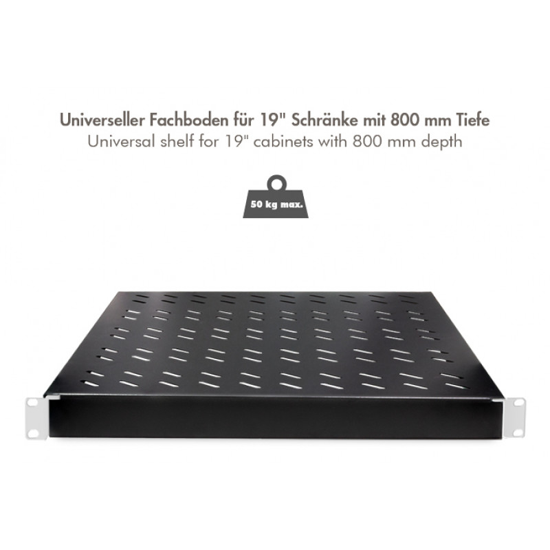 LogiLink 19-tolline rack-riiul 1U reguleeritava sügavusega 570 mm perforeeritud must 800 mm sügavustele kappidele SF0800B