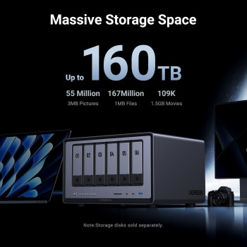 Ugreen NASync DXP6800 Pro 6-pesaline NAS-süsteem, Intel Core i5-1235U, 8GB DDR5, 2x10GbE + 2x2.5GbE, 2xM.2 NVMe, 2xUSB3.2 Gen2, HDMI, PCIe 4.0 25899