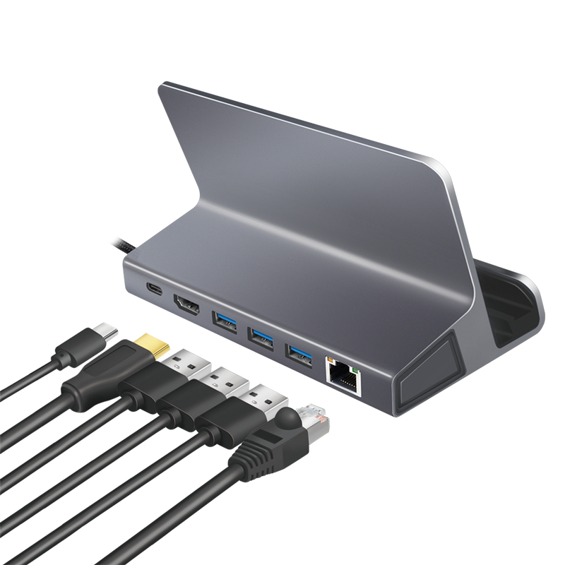 LogiLink UA0408 USB-C dokkimisjaam koos tahvelarvuti alusega, HDMI 4K@60Hz, 100W PD, Gigabit Ethernet, hõbedane