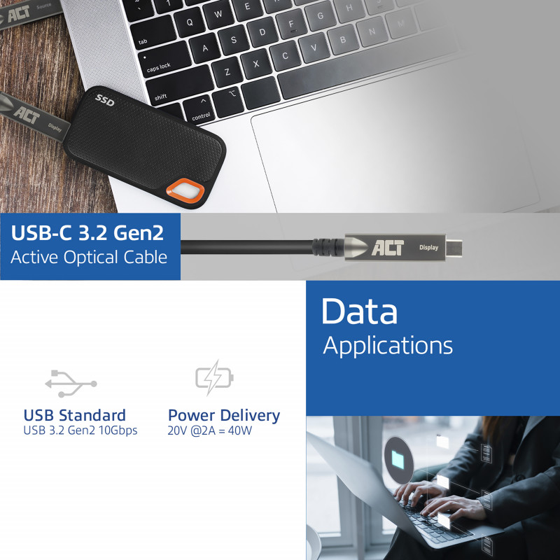 ACT USB-C 3.2 Gen2 aktiivne optiline kaabel (AOC), puuteekraanidele, video, andmete, toite jaoks, 15m (AK4335)