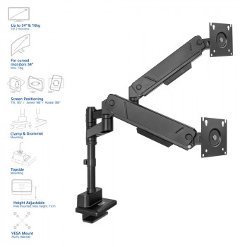ACT AC8330 Office Solid Pro kahe monitori hoidik, gaasvedru, postikinnitus, kuni 34"