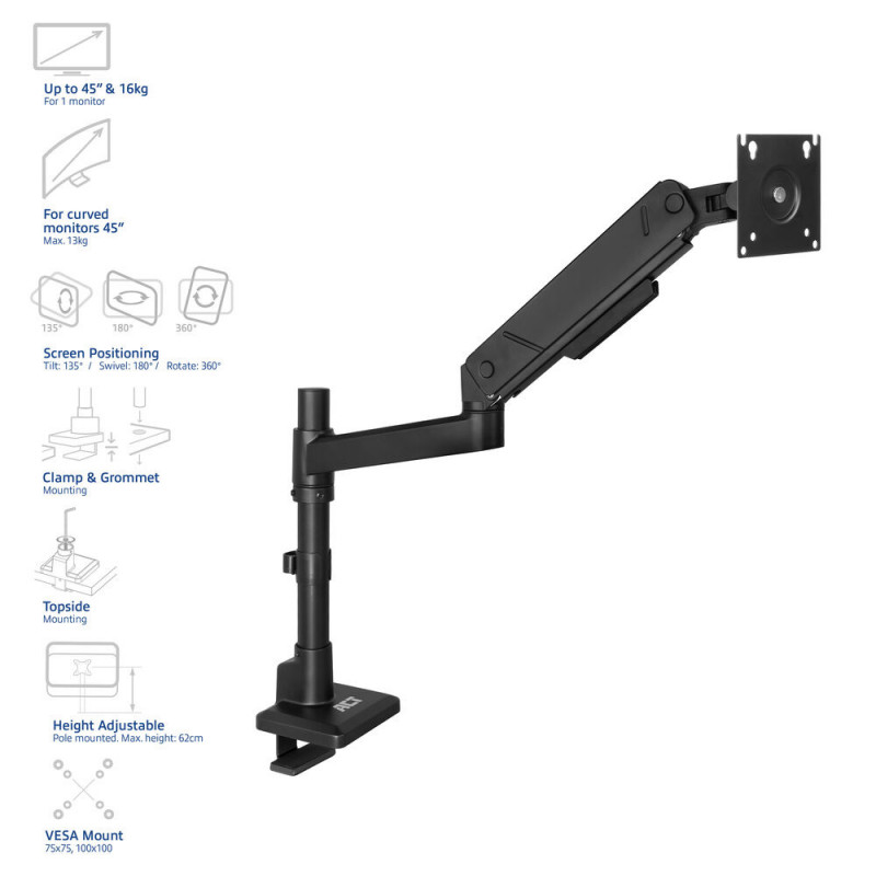 ACT Monitori Kinnitus 45 Tolli Office Solid Pro Gaasvedruga Postile Kinnitatav 1 Monitor (AC8329)