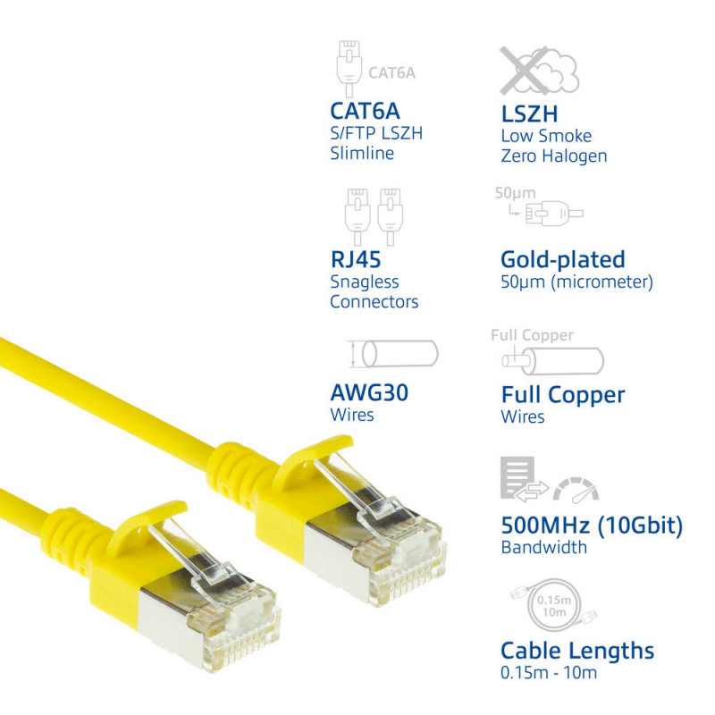 ACT Kollane 3m LSZH S/FTP CAT6A Õhuke Paigalduskaabel Snagless RJ45 Pistikutega (DB7803)