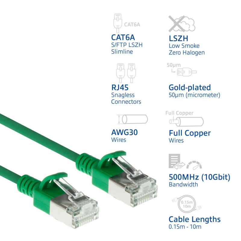 ACT roheline 5m LSZH S/FTP CAT6A õhuke paigalduskaabel snagless RJ45 pistikutega (DB7705)