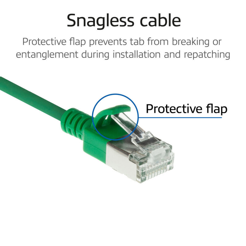 ACT roheline 5m LSZH S/FTP CAT6A õhuke paigalduskaabel snagless RJ45 pistikutega (DB7705)