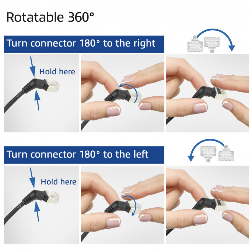 ACT DD1900 must 0,5 m U/FTP CAT6A õhuke paigalduskaabel 360° pööratavate nurga all RJ45-pistikutega