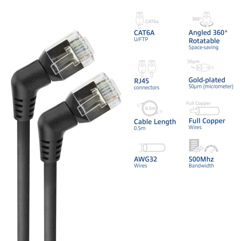 ACT DD1900 must 0,5 m U/FTP CAT6A õhuke paigalduskaabel 360° pööratavate nurga all RJ45-pistikutega