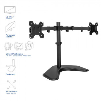 ACT AC8363 kahe monitori käepide lauaalusega kuni 32 inch ekraanile - klambri- ja läbiviigupaigaldus, VESA 75/100, 8 kg käe kohta, must