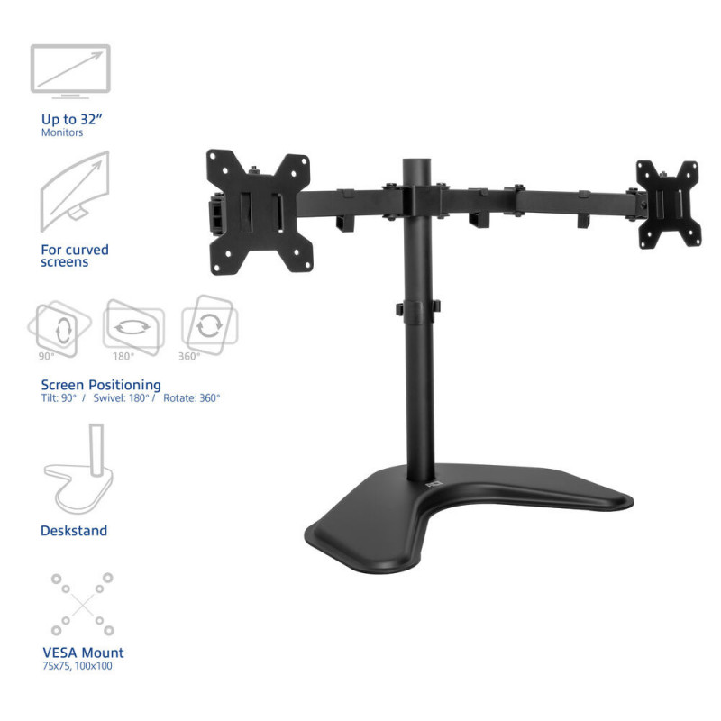 ACT AC8363 kahe monitori käepide lauaalusega kuni 32 inch ekraanile - klambri- ja läbiviigupaigaldus, VESA 75/100, 8 kg käe kohta, must