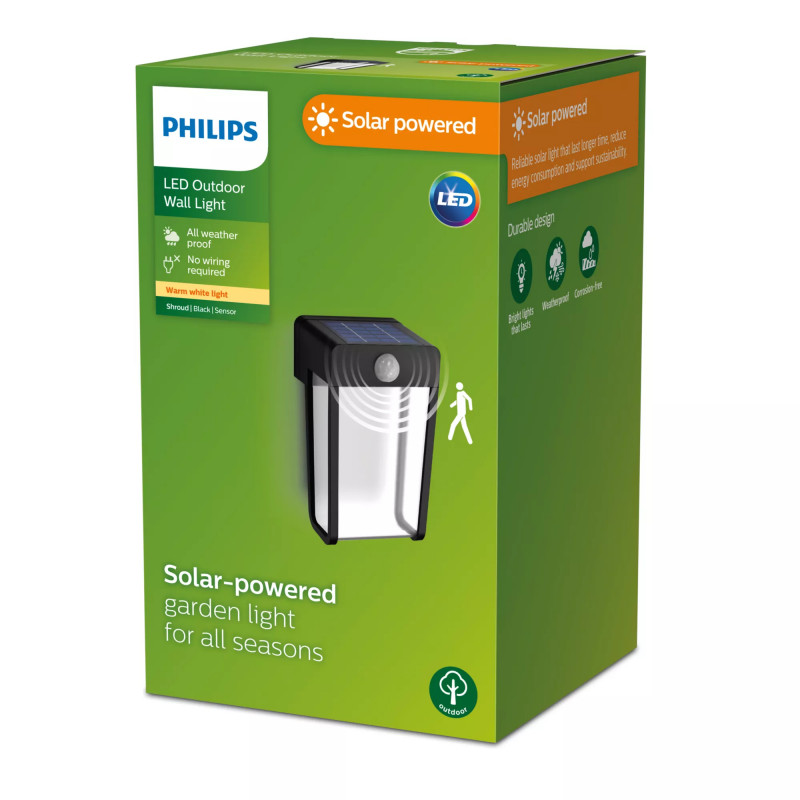Philips välistarbe päikeseenergial varjundiga seinavalgusti 2,3W päevavalgus- ja liikumisanduriga
