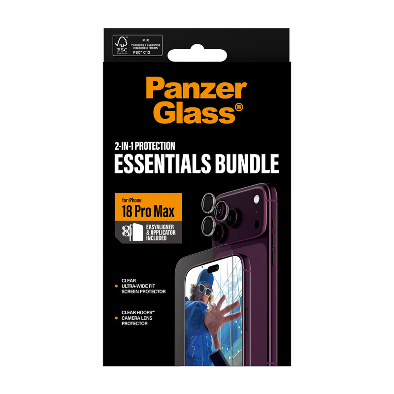 PanzerGlass 2-in-1 Essentials komplekt ekraanikaitse ja kaamerakaitse iPhone 18 Pro Max jaoks