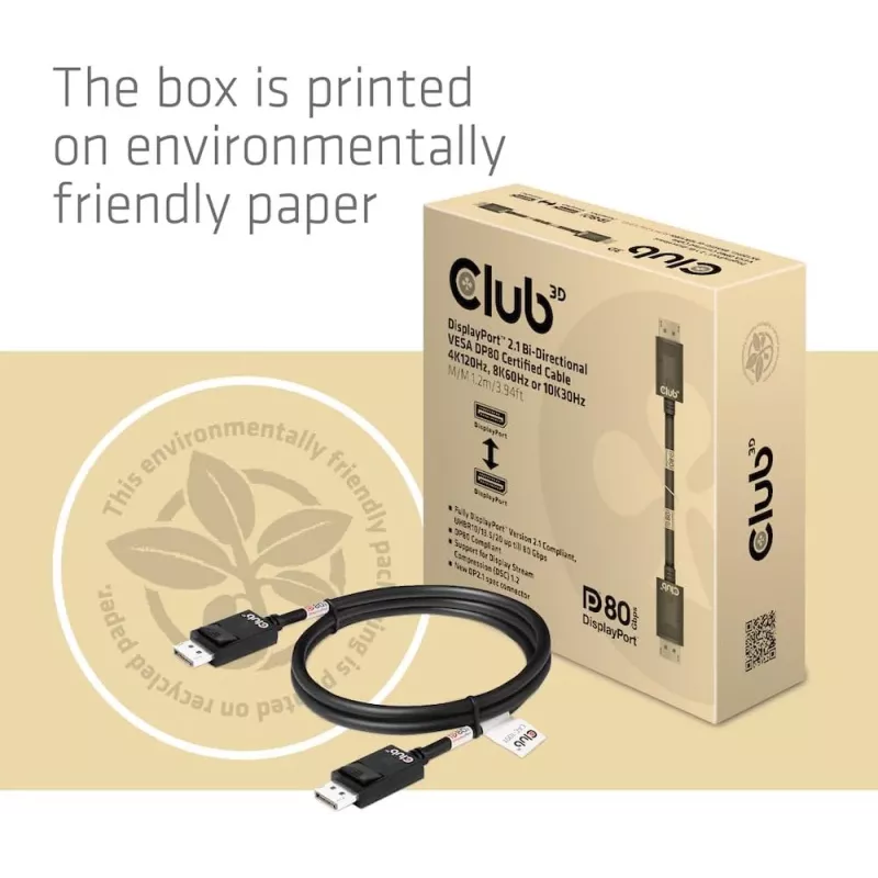 CLUB3D DisplayPort 2.1 Bi-Directional VESA DP80 Certified kaabel 4K240Hz, 8K60Hz or 10K30Hz M/M 1.2m/3.94ft