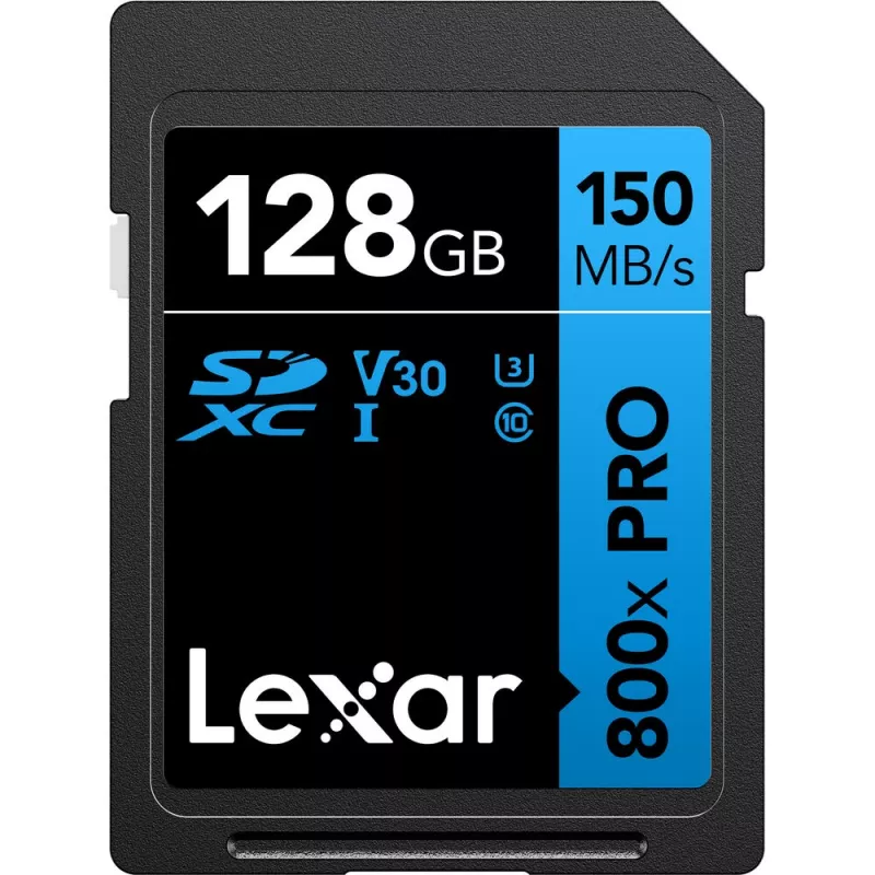 SDXC-mälukaart Lexar 128 GB UHS-I 800xPRO Klass 10 U3 V30 — 150 MB/s lugemine, 45 MB/s kirjutamine, must
