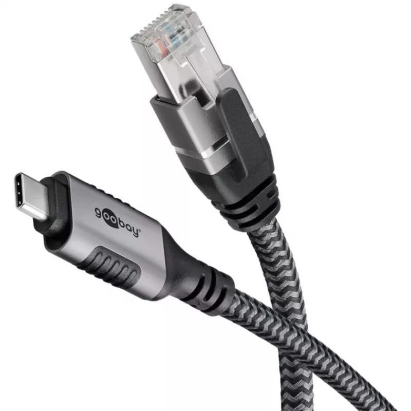 Ethernet-kaabel USB-C 3.2 Gen2 pistik > RJ-45 pistik, LAN-adapter must/hõbedane, 2 meetrit, põimitud tekstiilist ümbris