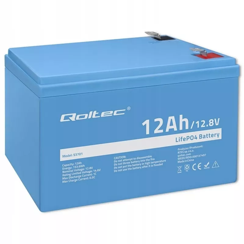 Qoltec LiFePO4 liitium-raudfosfaataku 12,8V 12Ah 153,6Wh BMS-iga